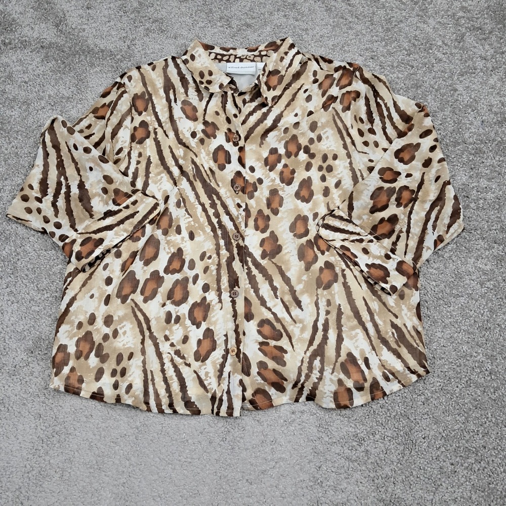 Alfred Dunner Women Petite 14P Animal Print Button Front Blouse Brown Tan